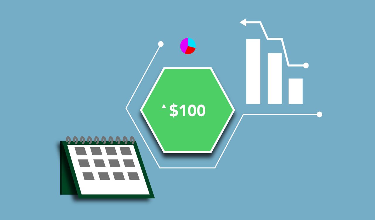 Concept économique illustré avec un graphique statistique et des tableaux autour de cent dollars, montrant la croissance de la monnaie au fil du temps
